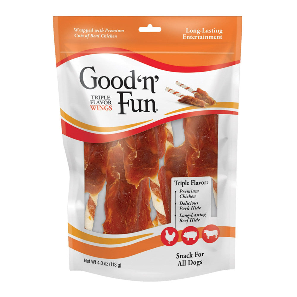Healthy Hide Good n Fun Triple Flavor Wings, Beef,Pork and Chicken Snacks for Dogs, 4 Oz